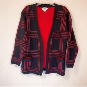 Vintage JH Collectibles Open Plaid Wool Black & Red Cardigan Size Small